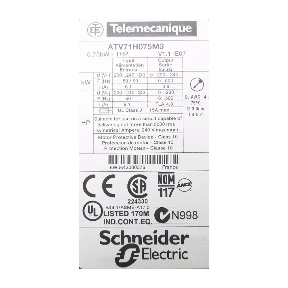 Schneider VFD Frequency Converter ATV71H075M3