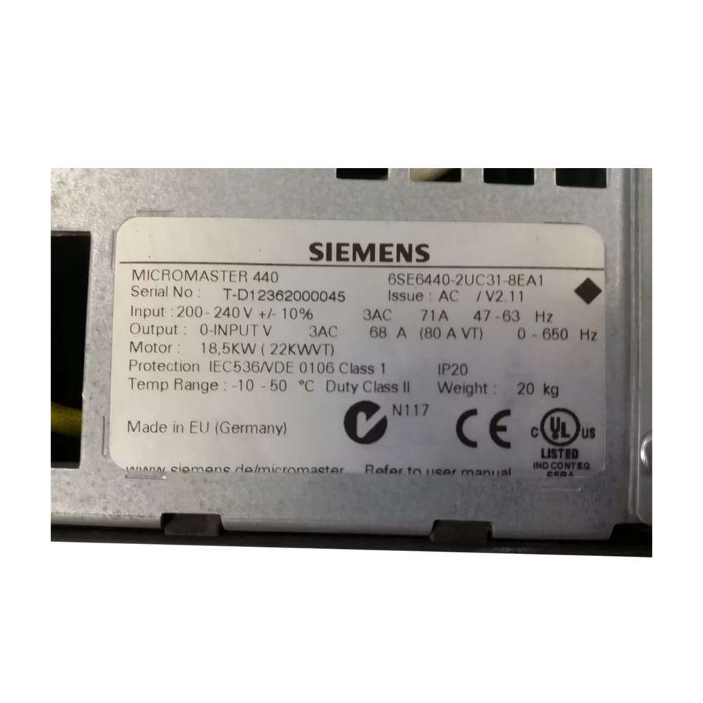 Siemens VFD Frequency Converter 6SE6440-2UC31-8EA1