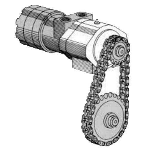 The driving sprocket is driven by the hydraulic motor